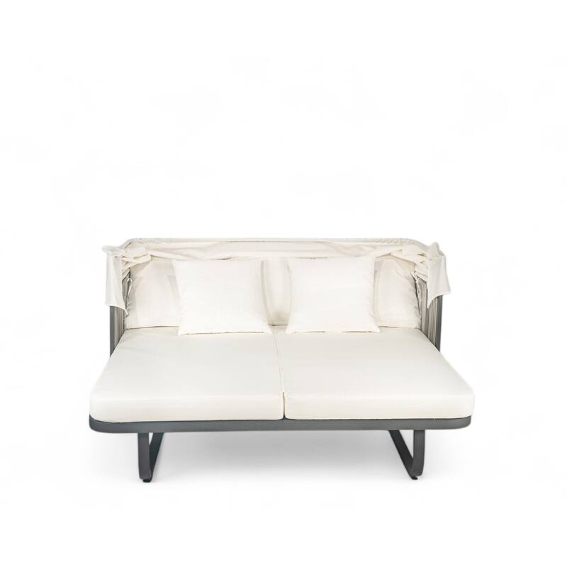 57" Outdoor Patio Rattan Daybed Sunbed with Retractable Canopy and Pillows