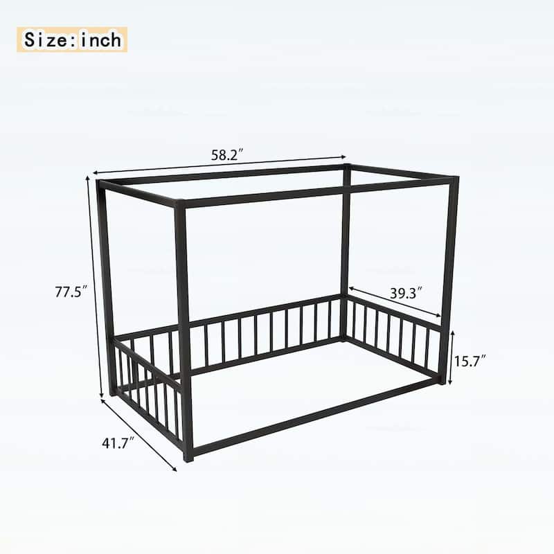 Floor House Bed with Fence-Style Guardrails,Modern Low-Profile Design