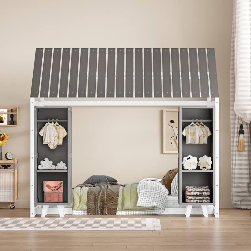 Wooden Twin Size Kids Floor Bed with Two Movable Wardrobes, Fence and Roof
