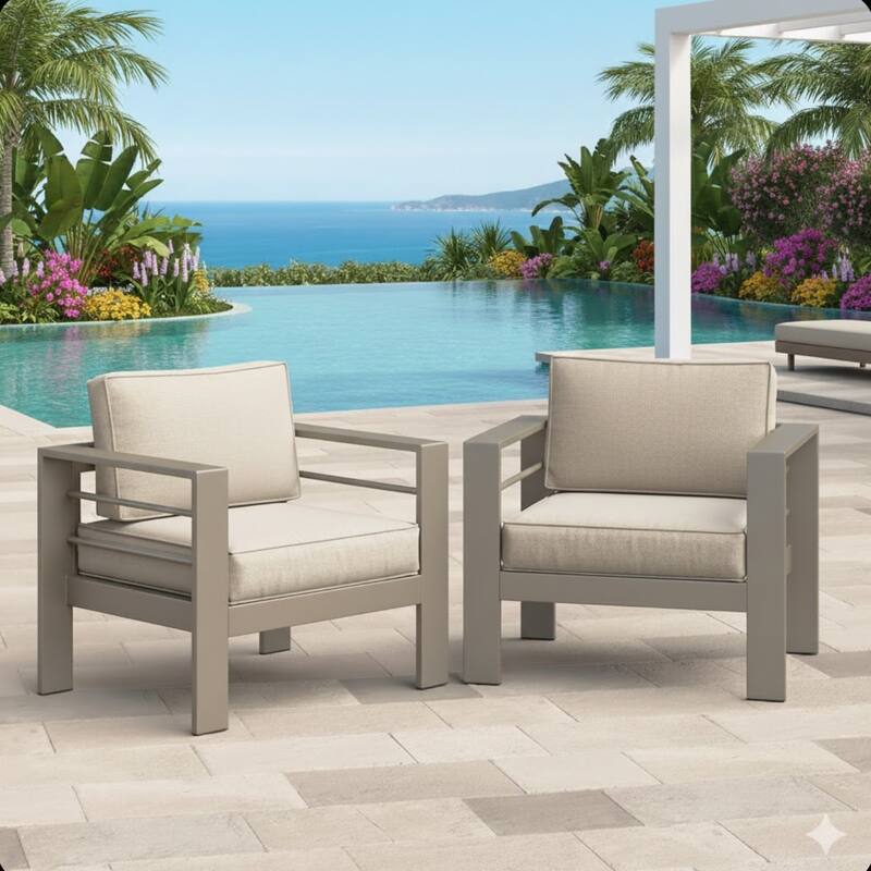 Set of 2 28" Metal Patio Armchairs with Thick Beige Cushions Khaki Frame