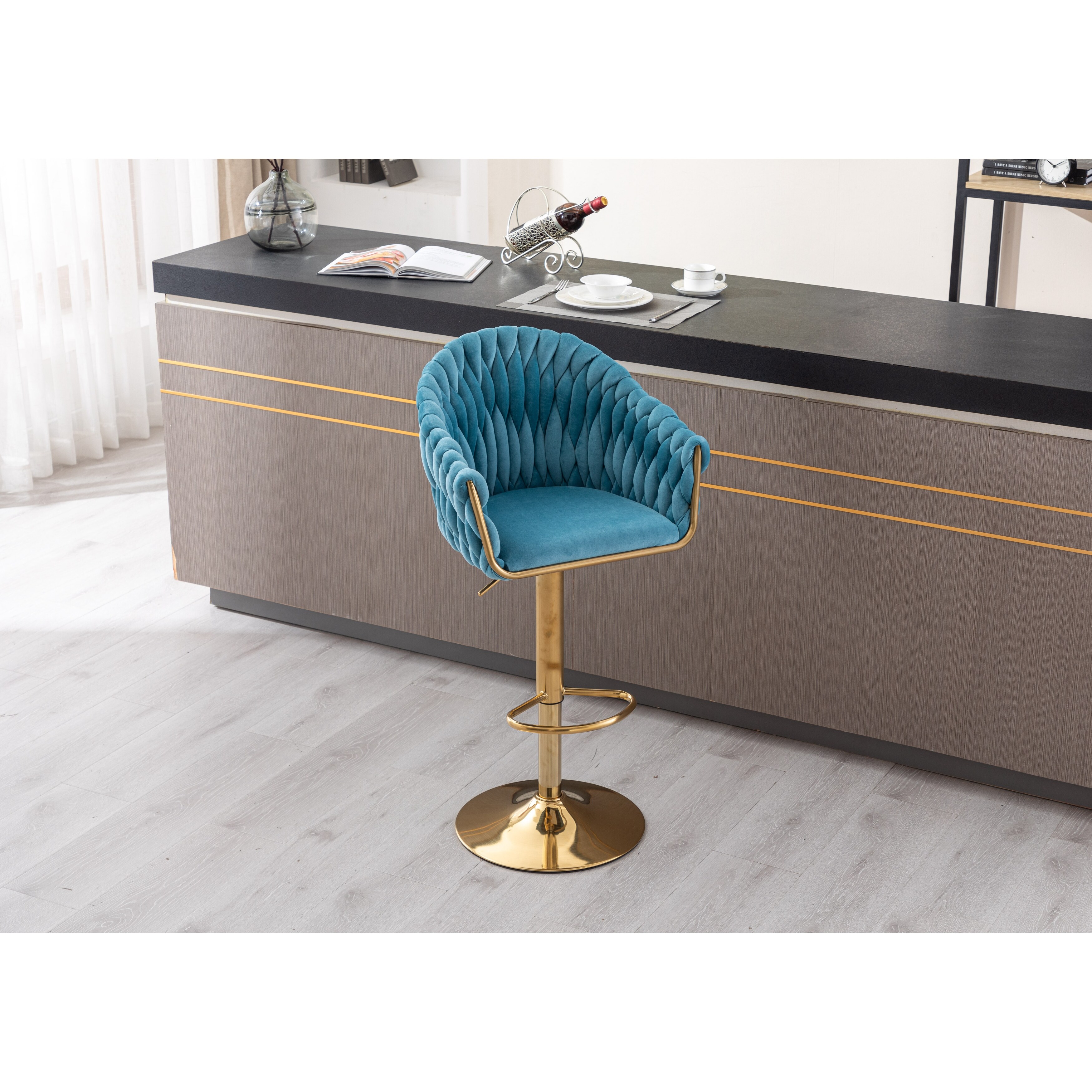 Modern Shell Back Bar Stools Adjustable Swivel Barstools with Back and Arms for Pub Kitchen Dining Room Chairs Blue
