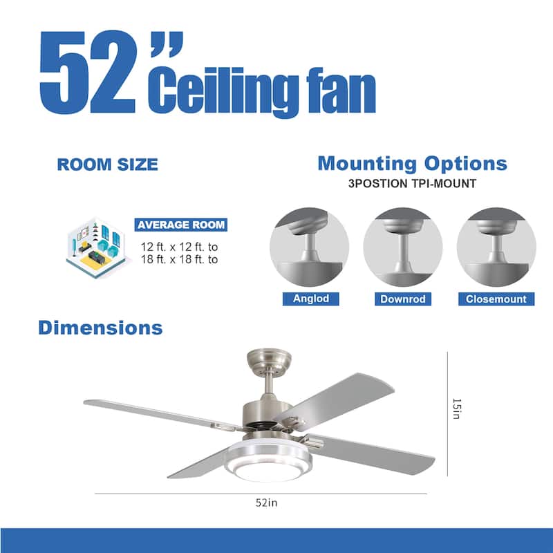 52 Inch Indoor Ceiling Fan with Lights & Remote Control,Brushed Nickel Reversible AC Motor ( 4-Reversible Blades)