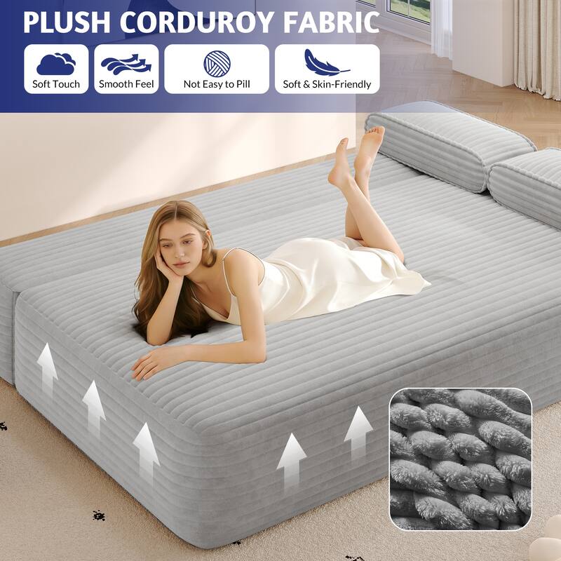 78.7-Inch Convertible Sofa Bed, 2-in-1 Frameless 3-Seater Couch with Plush Corduroy Fabric for Small Spaces