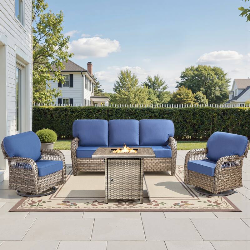 Pocassy Outdoor Fire Table with Sofa Swivel Chair Set. - Gray Wicker Blue Cushion - 4-Piece Sofa Swivel Chair w/ Fie Pit Table