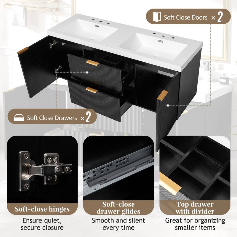 59.3" Double Sink Vanity with SMC Top & Soft-Close Doors, Wall-Mounted Modern Bathroom Storage