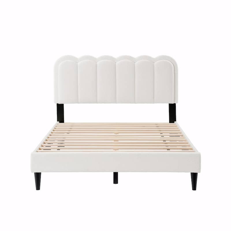 Lambswool Petal Headboard Bed Frame - Cream Style Bedroom Soft Bed with Ambient Light