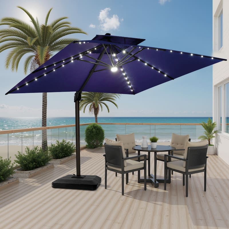 Pellebant 11X11 FT Outdoor Square Cantilever Patio Umbrella Solar LED Lighted with Premium Base Stand - NavyBlue