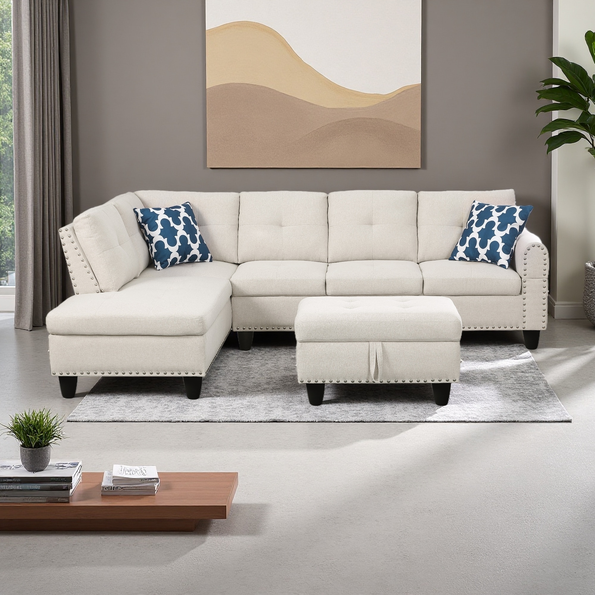 98" Linen L-Shaped 3-Seat Sectional Sofa with Ottoman and Storage