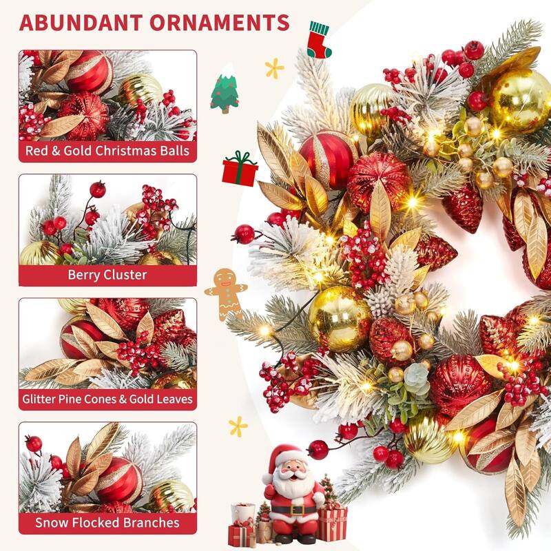 24 in Christmas Wreath with Lights, Snow Flocked Outdoor Christmas Wreaths for Front Door - N/A