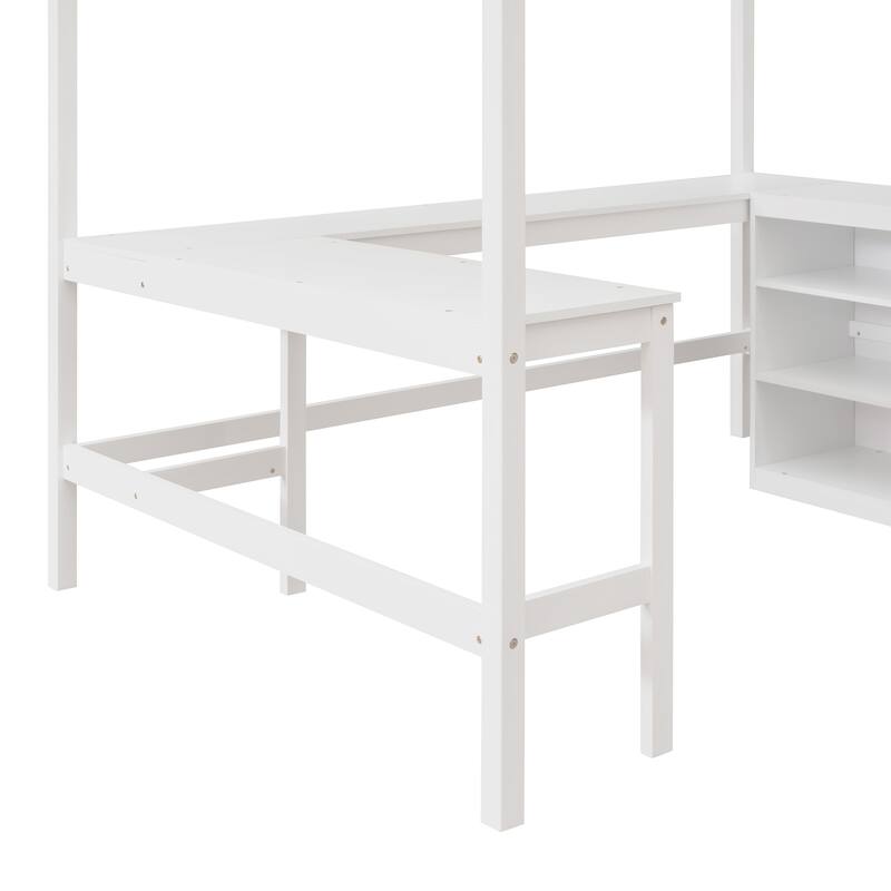 Gray Full Loft Bed with Built-In Desk and Shelves, Sturdy Pine Wood Frame