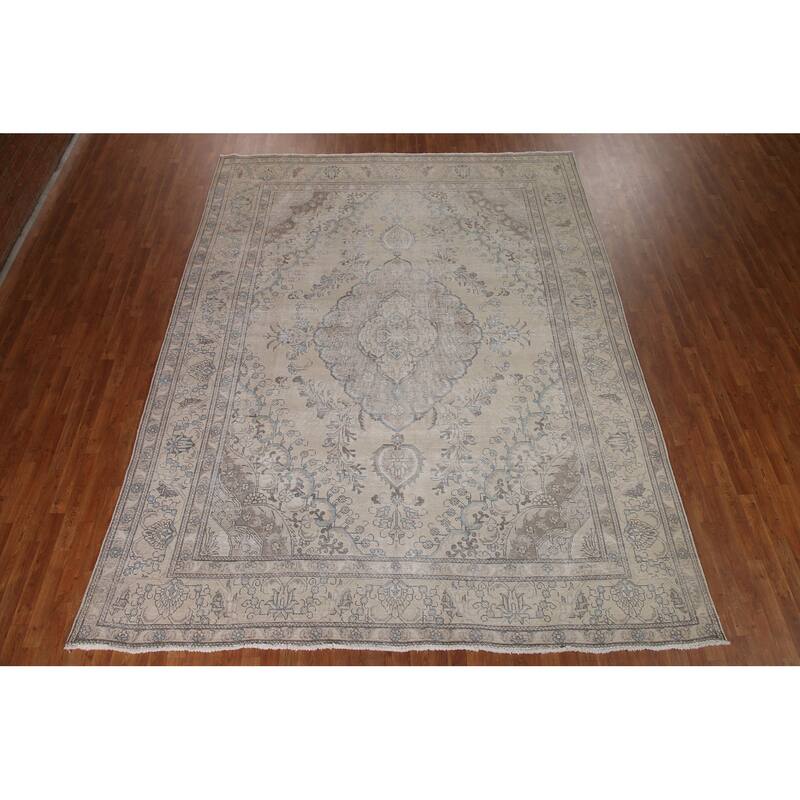 Distressed Traditional Tabriz Persian Vintage Rug Handmade Wool Carpet - 9'7" x 12'4"