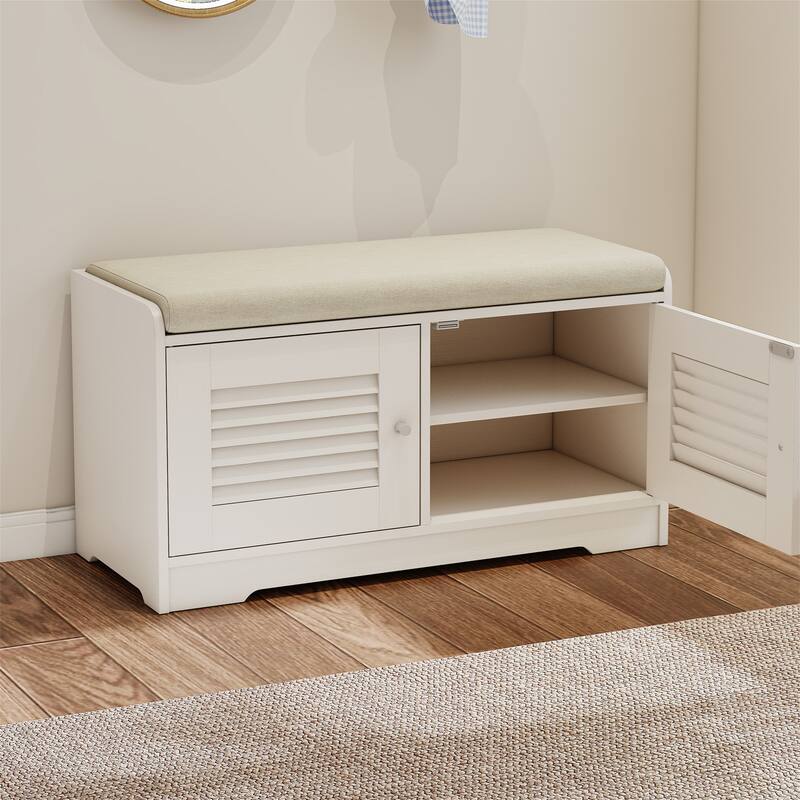 28.7" Shoe Storage Bench with 2 Doors,Cushion and Adjustable Shelves
