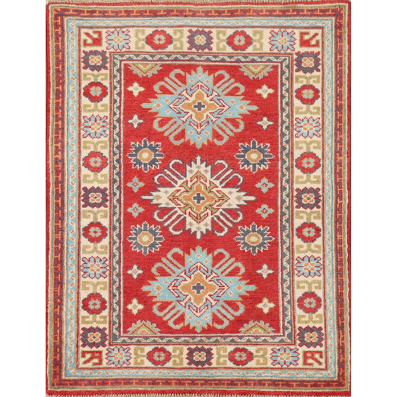 Red Kazak Foyer Rug Handmade Geometric Wool Carpet - 2'9" x 3'10"