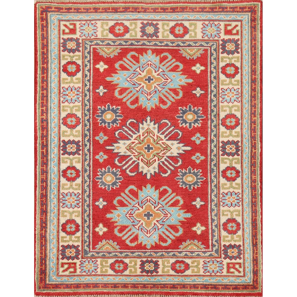 Red Kazak Foyer Rug Handmade Geometric Wool Carpet - 2'9" x 3'10"