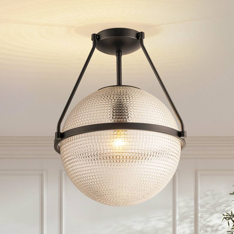 1-Light 14.17" Black/Gold Modern Textured Grid Glass Globe Semi-Flush Mount Light