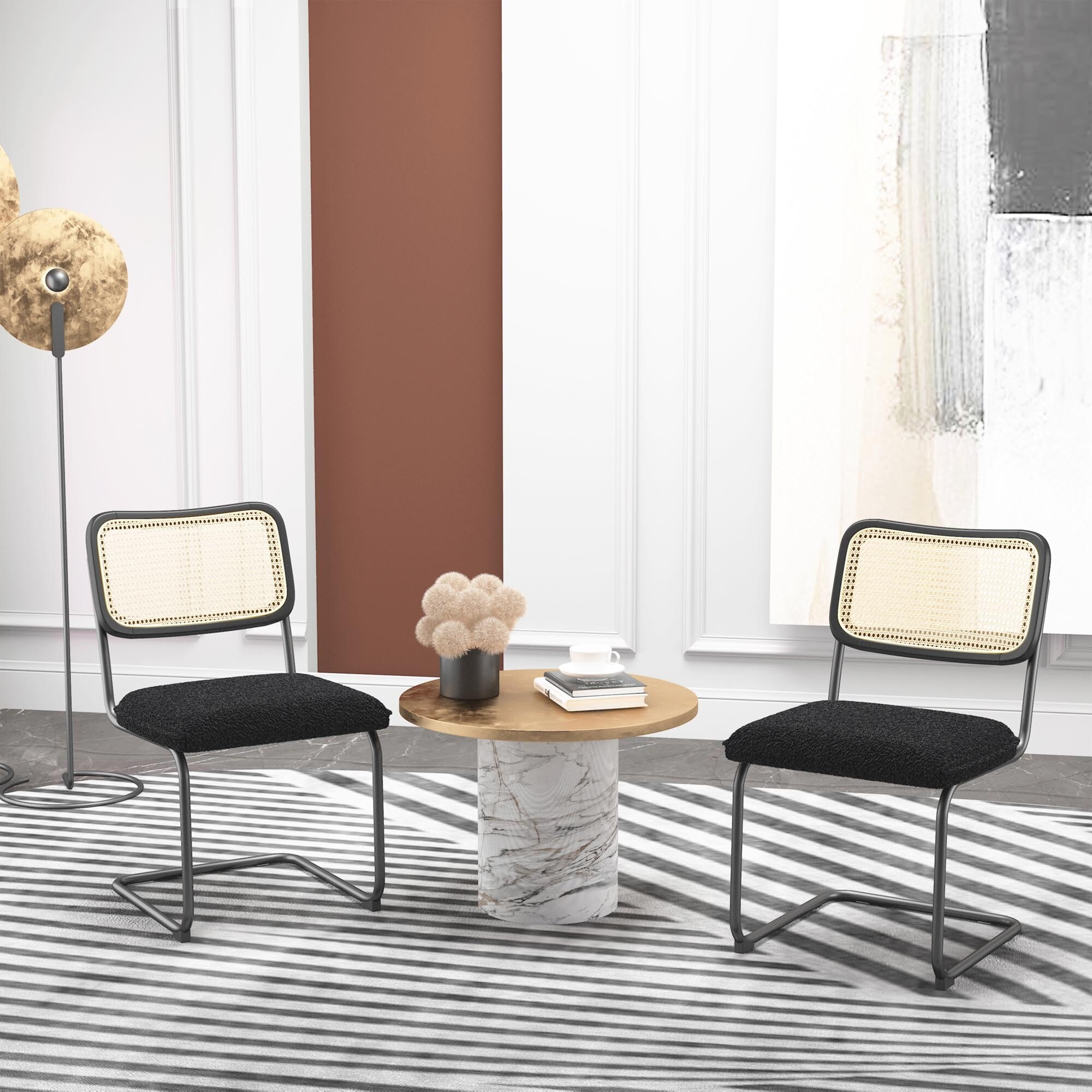 Velvet Rattan Dining Chair with High Density Sponge Set of 2 Bed