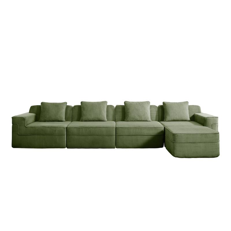 GDFStudio - Corduroy Modular 4-Seater 153.5" L-Shaped Boneless Cloud Sofa with Ottoman