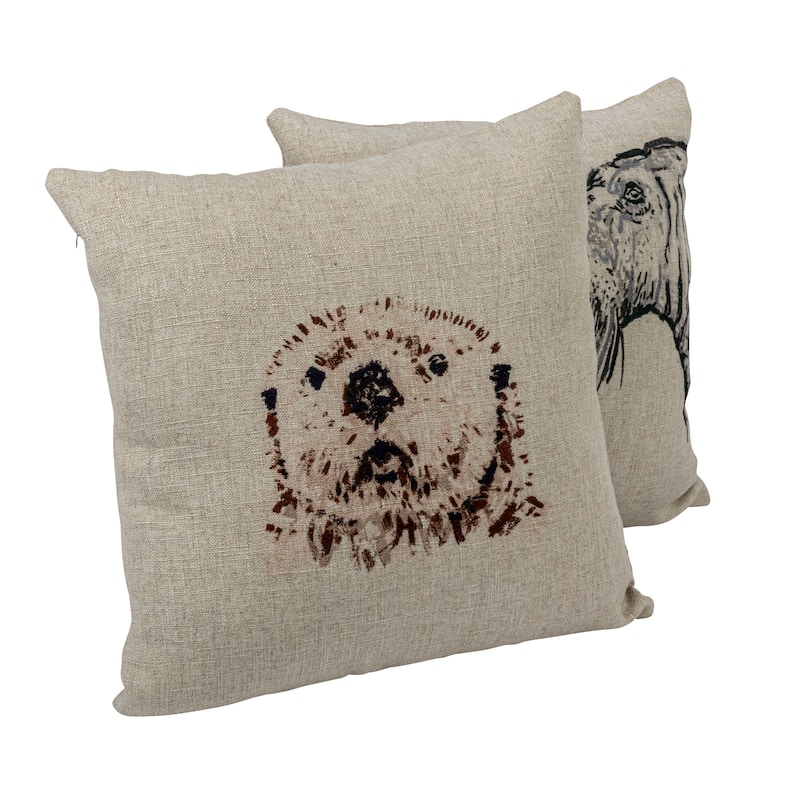 18" Linen Pillow with Animal Design Embroidery