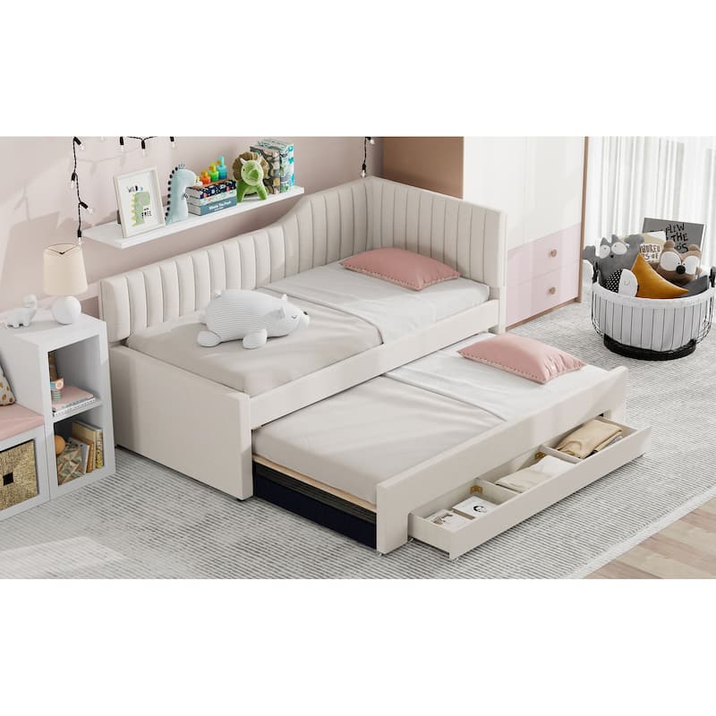 Twin Size Daybed Bed Frame with Linen Upholstered Backrest and Three Drawers, Pull-out Trundle Bed w/Slatted Support