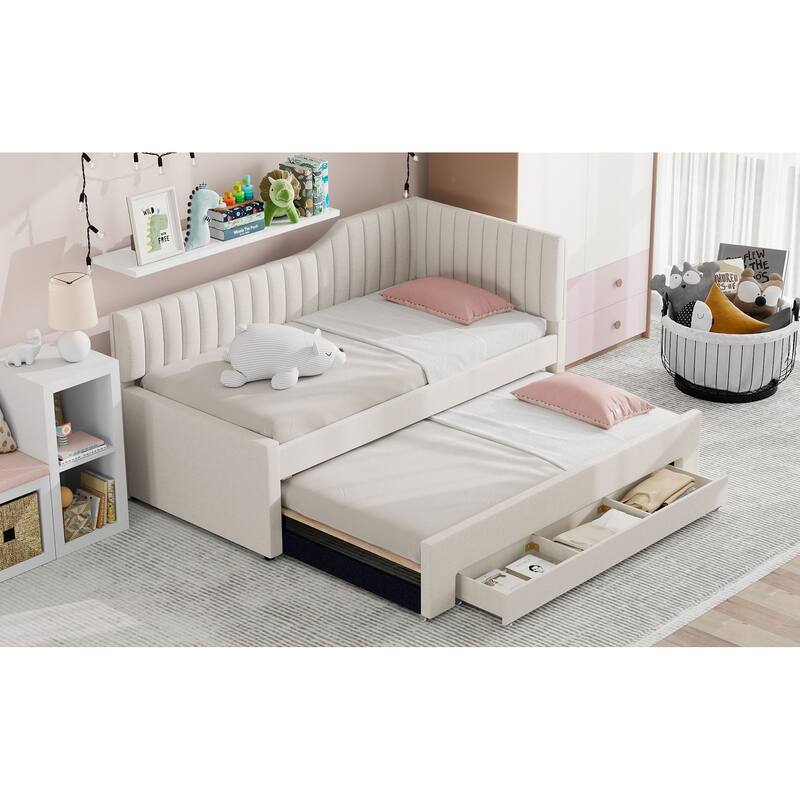 Twin Size Upholstered Daybed with Trundle and Three Drawers