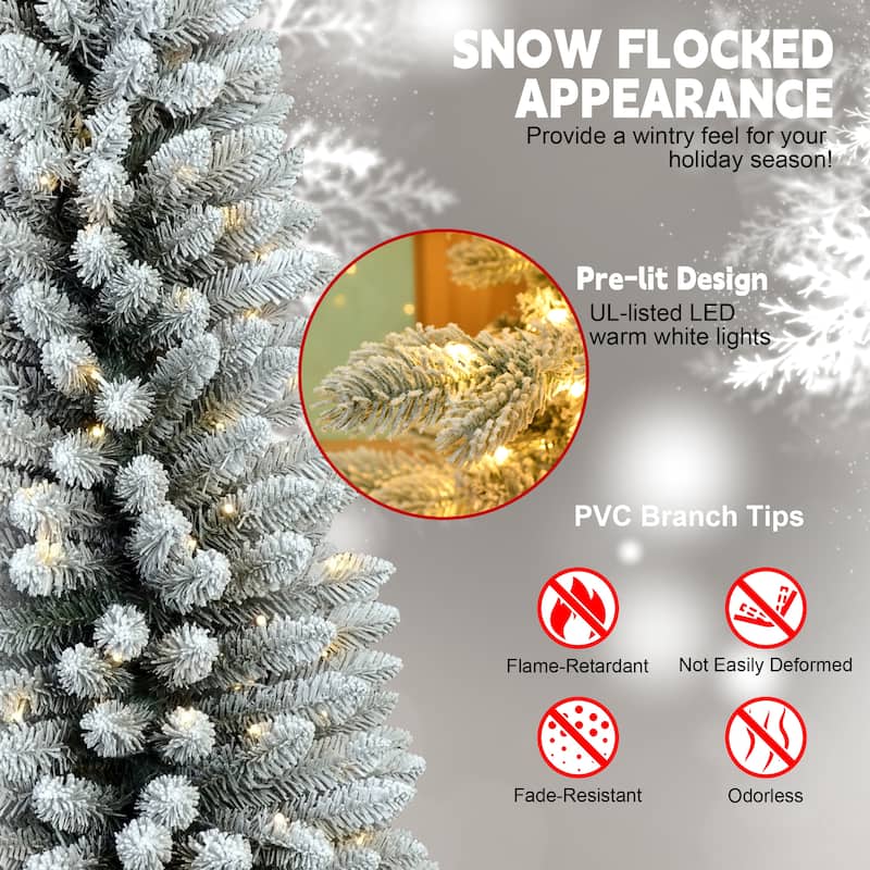 6FT Flocked Pencil Christmas Tree with 150 Warm White LED Lights-Slim Snowy PVC Tree with 358 Tips