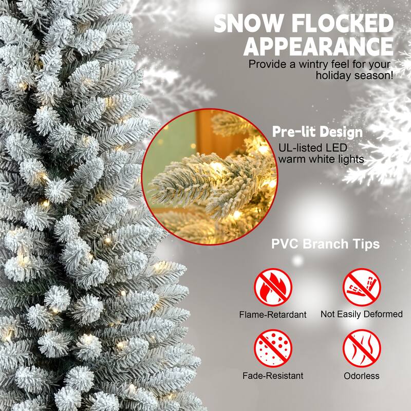 7FT Flocked Pencil Christmas Tree with 200 Warm White LED Lights-Slim Snowy PVC Tree with 469 Tips,Metal Stand,Space-Saving