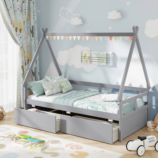 slide 2 of 21, Twin Size Wooden House Bed with Roof and Safety Guardrail Grey