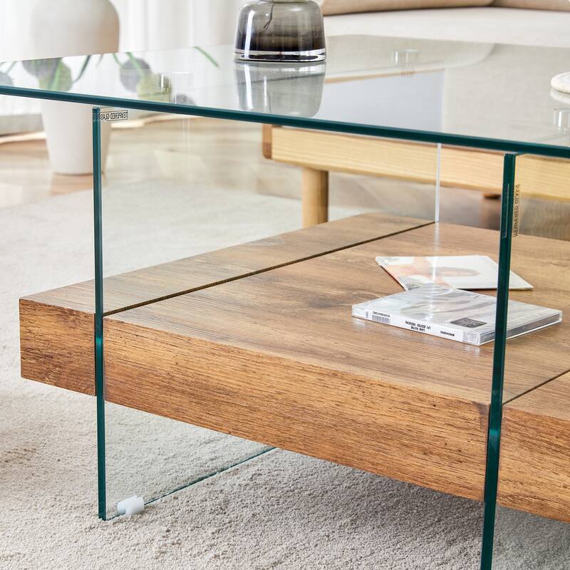 31.4 Inch Modern Two-Tier Square Coffee Table - An Elegant Combination of Clear Glass and Natural Wood Texture Sticker I
