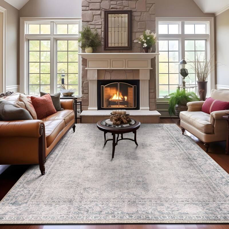 World Rug Gallery Transitional Distressed Vintage Machine Washable Area Rug - 10' x 14' - Blue - Rectangle