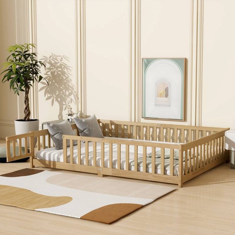 Queen Size Rubber Wood Floor Bed with Fence, Door, Safety Guardrails