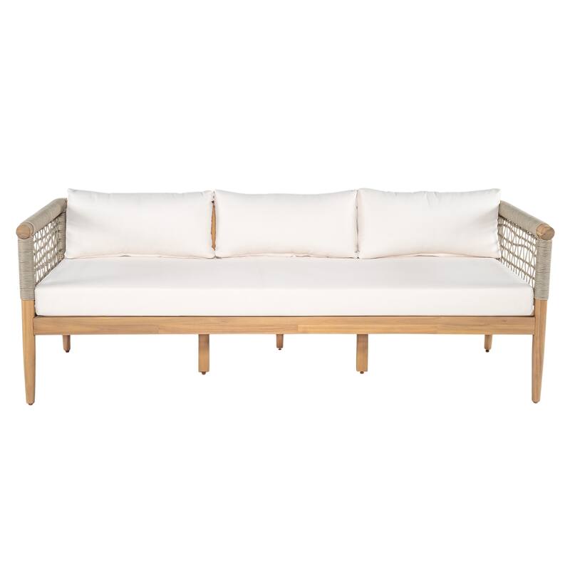 Christopher Knight Home - Outdoor Acacia Wood 3-Seater Sofa with Rope Arms and Cushions