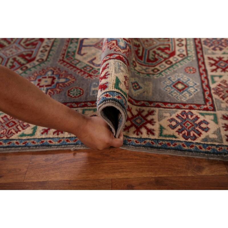 Gray Geometric Kazak Foyer Rug Hand-Knotted Wool Carpet - 3'5" x 4'11"