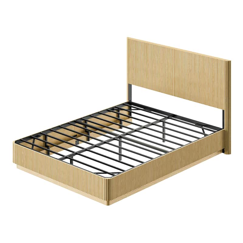 Low Profile Bed Frame with High Headboard, LED Light Strip Under Bed, Wooden Corrugated Curved Platform Bed, Metal Frame Support