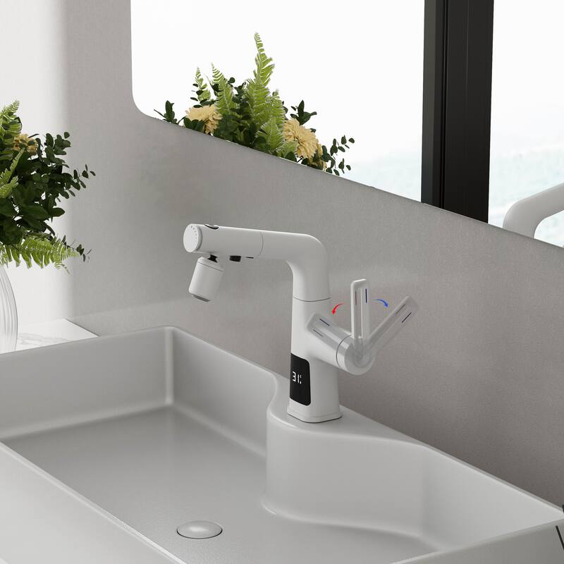 Modland 5-Way LED Bathroom Sink Faucet Single Hole with Pull Out Spray in White/Chrome - White