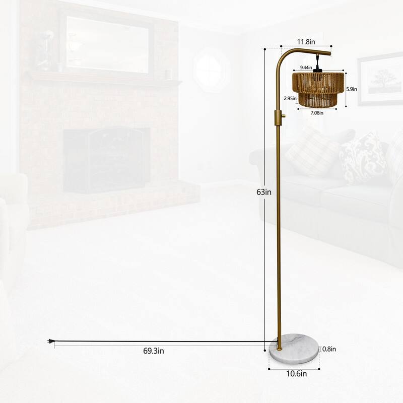 Elegant Boho Arc Floor Lamp Dimmable with Wicker Shade & Marble Base