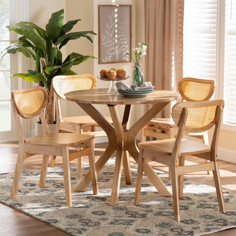 Donato Mid-Century Oak Brown Finished Wood and Rattan 5-Piece Dining Set