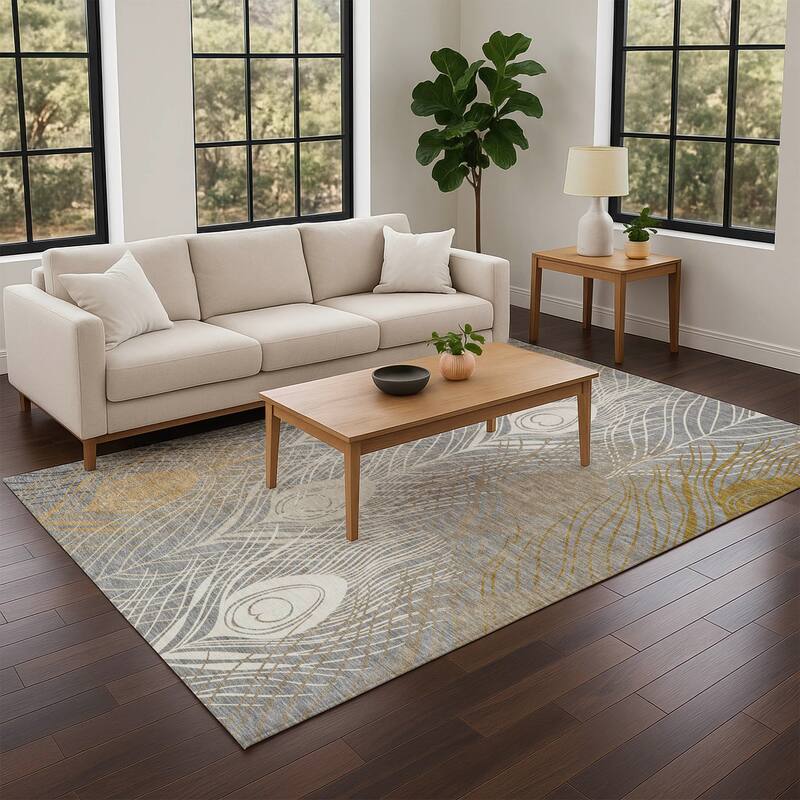 Machine Washable Indoor/ Outdoor Modern Peacock Chantille Rug