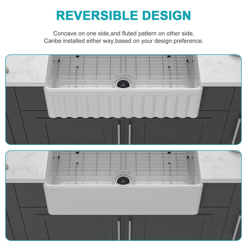 33" Farmhouse Sink - Kitchen Sink Apron-front White Porcelain Ceramic Reversible Single Bowl Kitchen Farm Sinks