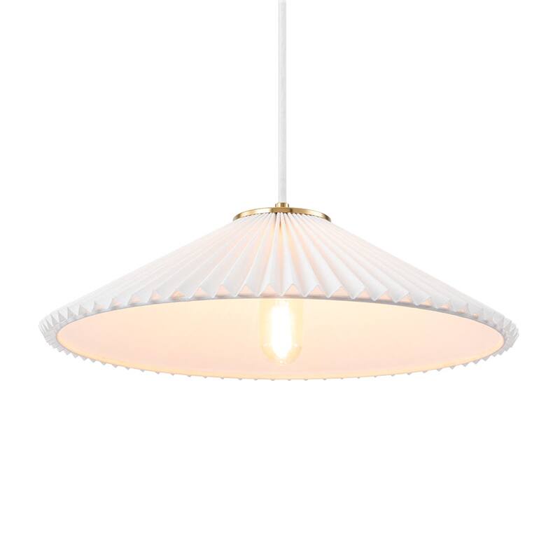 Scandinavian 1-Light White Fabric Pleated Conical Pendant Light