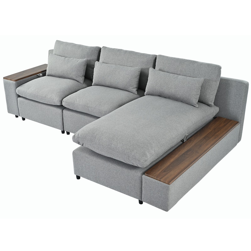 L-shaped Modular Sectional Sofa with Removable Back Cushions and 2 Storage Spaces, Corner Sofa w3 Pillows & Wooden Frame