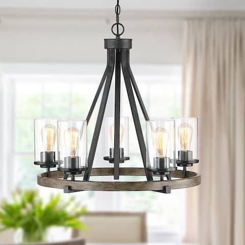 24.7 in. 5-Light Natural Iron and Distressed Faux Wood Modern Farmhouse Chandelier with Clear Glass Shades - 85.2"H - 25"W