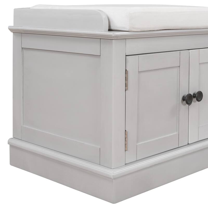 Storage Bench with 4 Doors and Adjustable Shelves, Shoe Bench with Removable Cushion