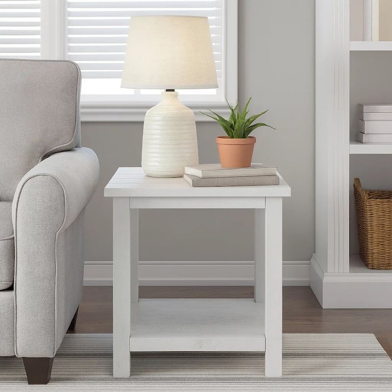 Ayne Side End Table, 1 Bottom Shelf, White Wood Frame, Square 20 Inch