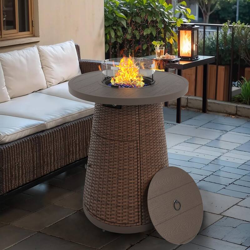 31.5" Wicker Propane Bar Height Fire Pit Table, 40,000 BTU Outdoor Round Gas Fire Table with Fire Glass Stone - Brown-With Wind Guard