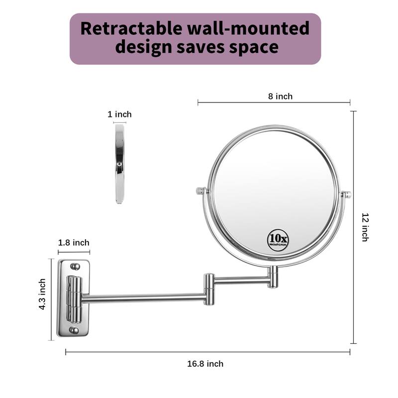 Wall Mount Makeup Mirror 10x Magnification Double-Sided Swivel Mirror