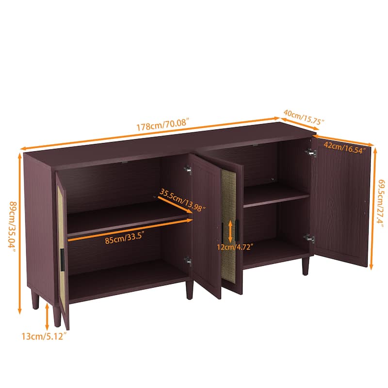 70" Rattan Sideboard Buffet Cabinet with Adjustable Shelves and Storage, Solid Wood Legs, for Kitchen or Dining