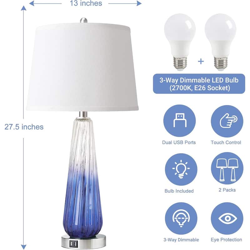 27.5" Table Lamps Set of 2 with Touch Control, 3-Way Dimmable Modern Glass Bedside Lamps with USB A+C Ports, Fabric Shade