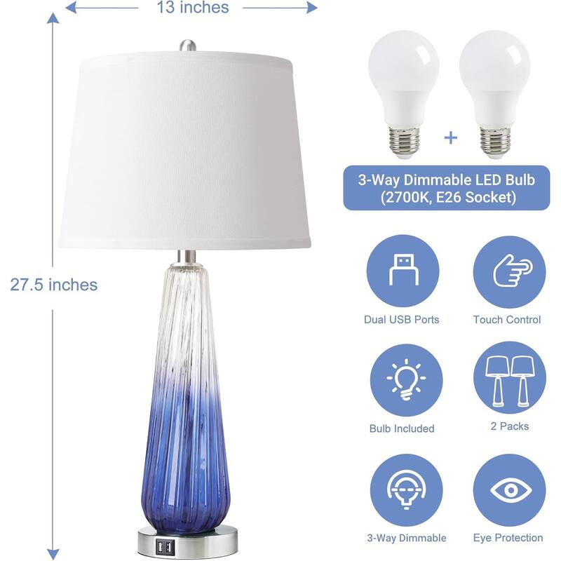 Anmytek Blue Gradient Glass Table Lamps Set of 2 with USB Charging Ports Touch Dimmable