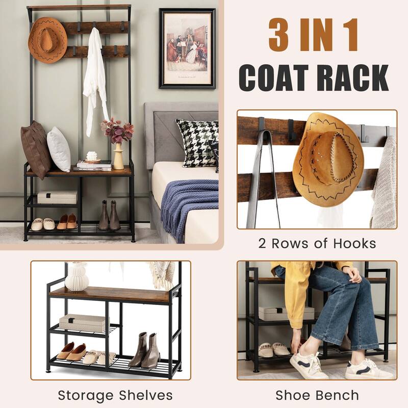 Costway 3-in-1 Coat Rack Industrial Hall Tree Shoe Bench Entryway - See Details