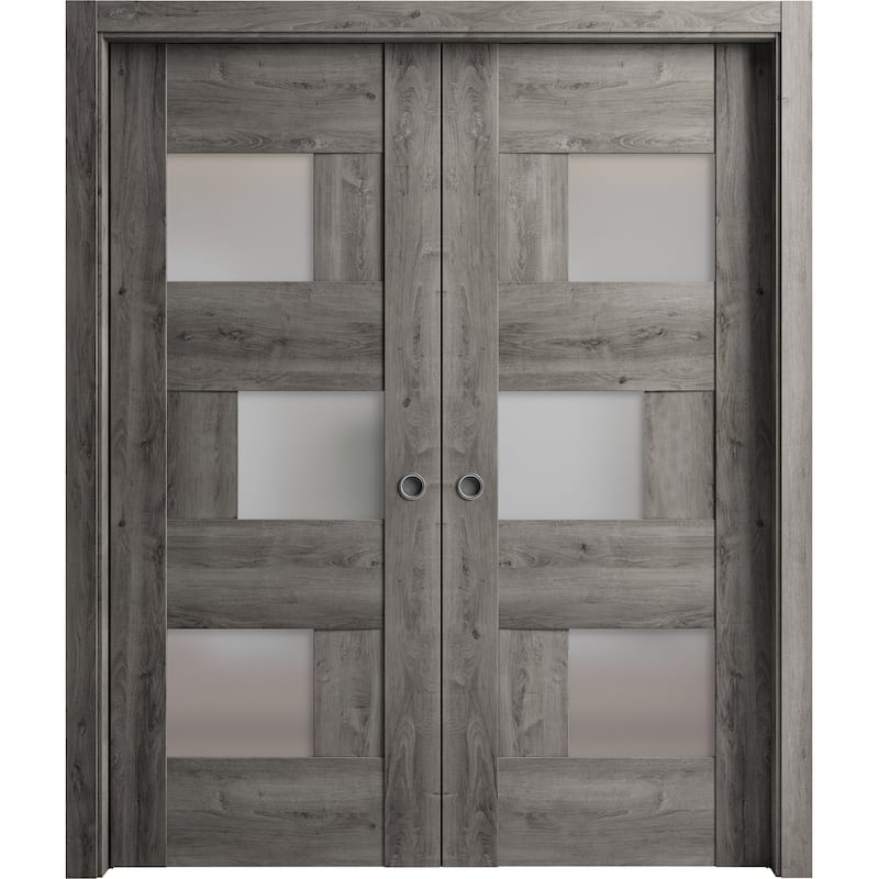 Sliding French Double Pocket Doors 36 x 80 inches | Sete 6933 Nebraska Grey with Frosted Glass - 72" x 84" ( 2* 36x84)